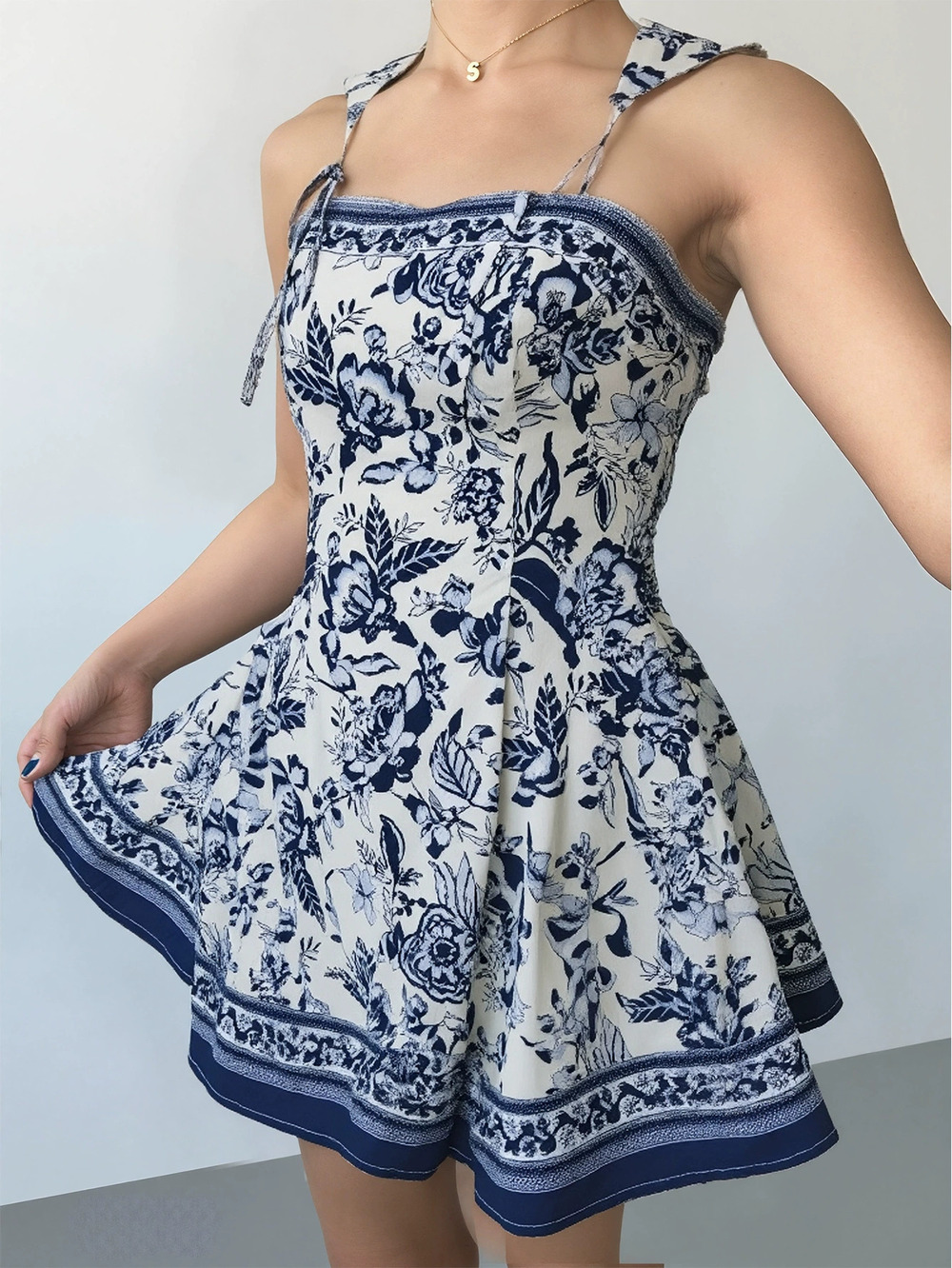 Zara Summer Vintage Vacation Cami Mini Dress Blue White Porcelain Print
